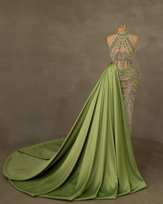 Rhinestone Dress with Green Tail - Elegant Evening Gown
