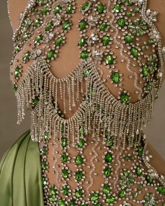 Intricate Green Tail Design on Rhinestone Dress