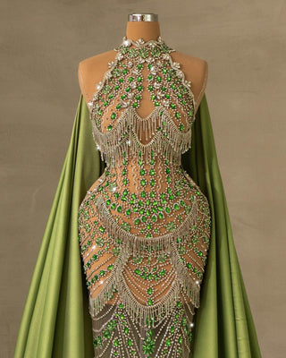 Rhinestone Dress with Green Cape - Glamorous Evening Attire