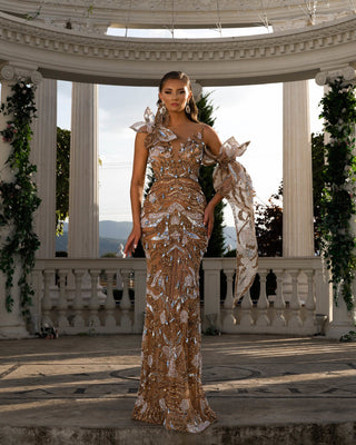 Elegant Crystal-Adorned Single-Shoulder Dress