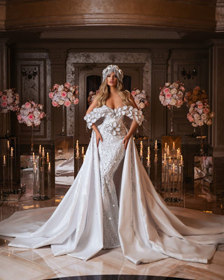 Luxury Bridal Dress with 3D Flowers and Detachable Overskirt