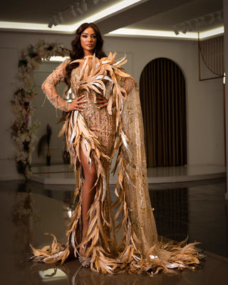 Ethereal Side Cape Dress with Feather Accents - Beige Elegance