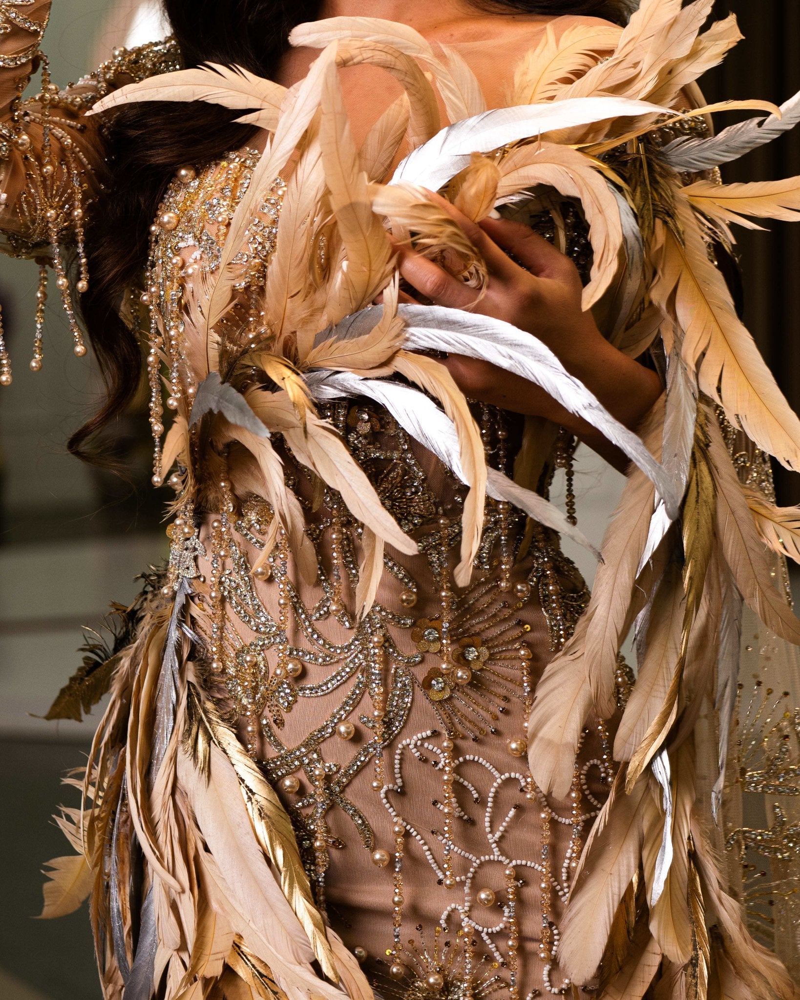Captivating Beige Dress with Cascading Feathers and Side Cape - Redefining Elegance