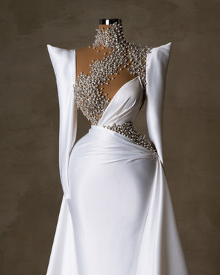 Bridal Dress in White Satin with Crystal and Pearl Embellishments
