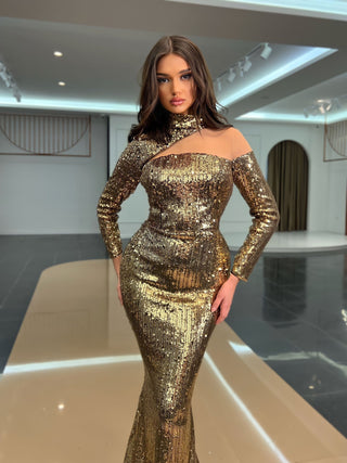 Aadita Glamouröses, mit Steinen besetztes Kleid mit seitlichem Schwanz