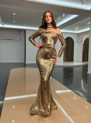 Aadita Glamouröses, mit Steinen besetztes Kleid mit seitlichem Schwanz