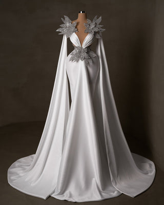 Long Sleeve Bridal Dress in White Satin - Classic Wedding Attire with Graceful Design