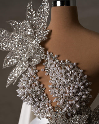 Close-Up View of Exquisite Bridal Dress Bodice - Pearls and Crystals Detailing