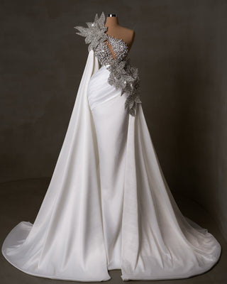 Bridal Gown in White - Luxurious Satin with Stunning Crystal and Pearl Embellishments
