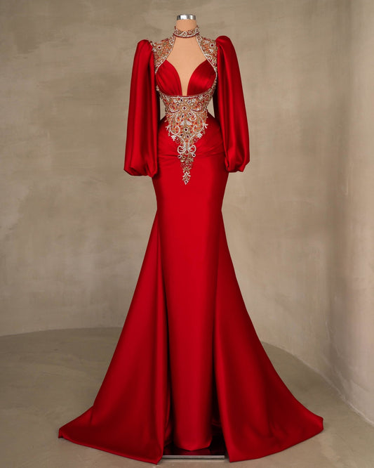 Elegant Red Gown Adorned with Stones