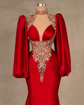 Detailed View of Red Dress with Stylish Puff Sleeves