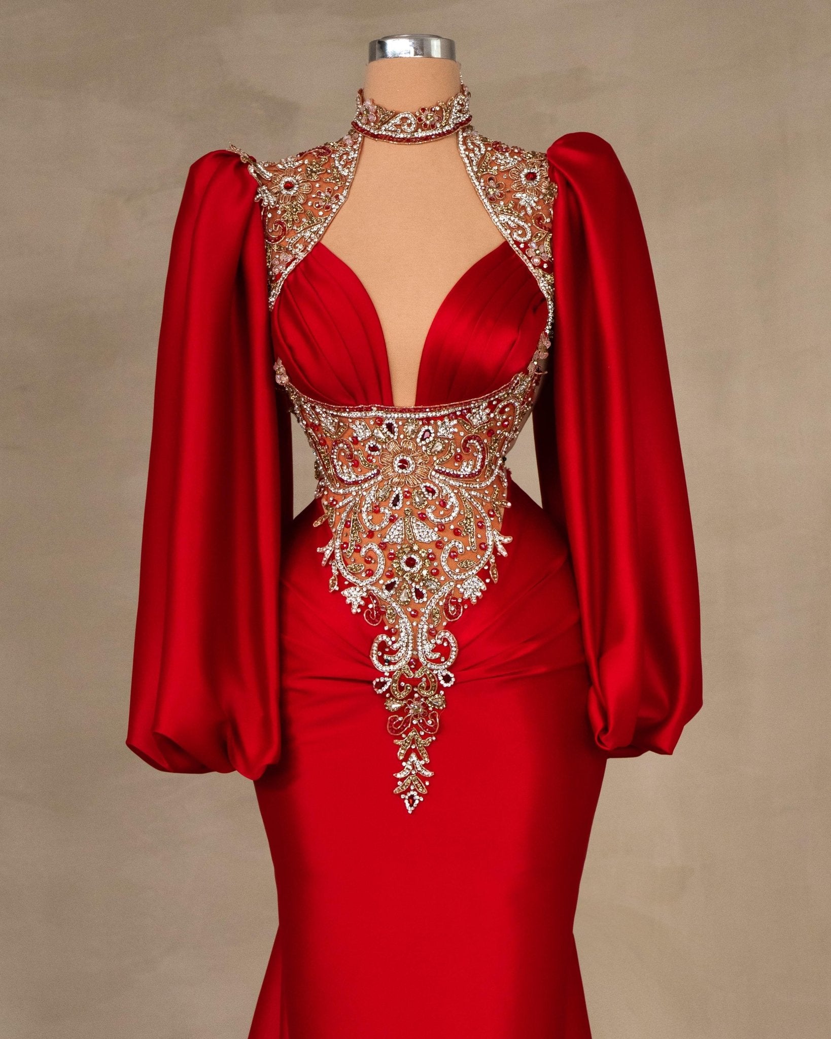 Detailed View of Red Dress with Stylish Puff Sleeves