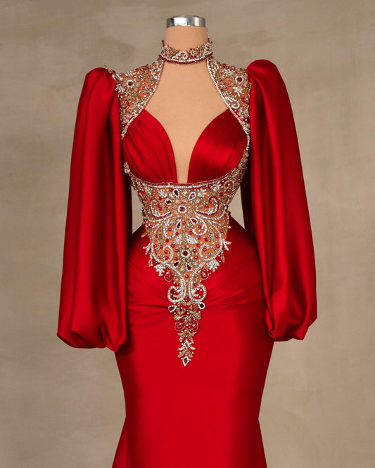 Detailed View of Red Dress with Stylish Puff Sleeves