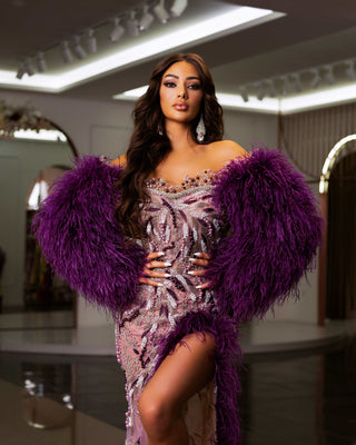 Sultry Deep Slit Dress with Feather Accents
