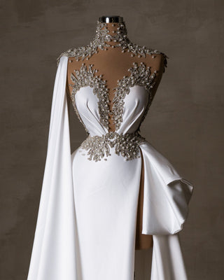 White Satin Bridal Gown with Crystal and Pearl Embellishments