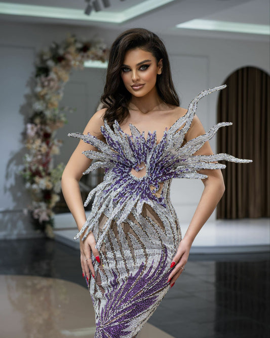 Elegant Sleeveless Lace Evening Dress in Silver and Purple with Bead Embellishments