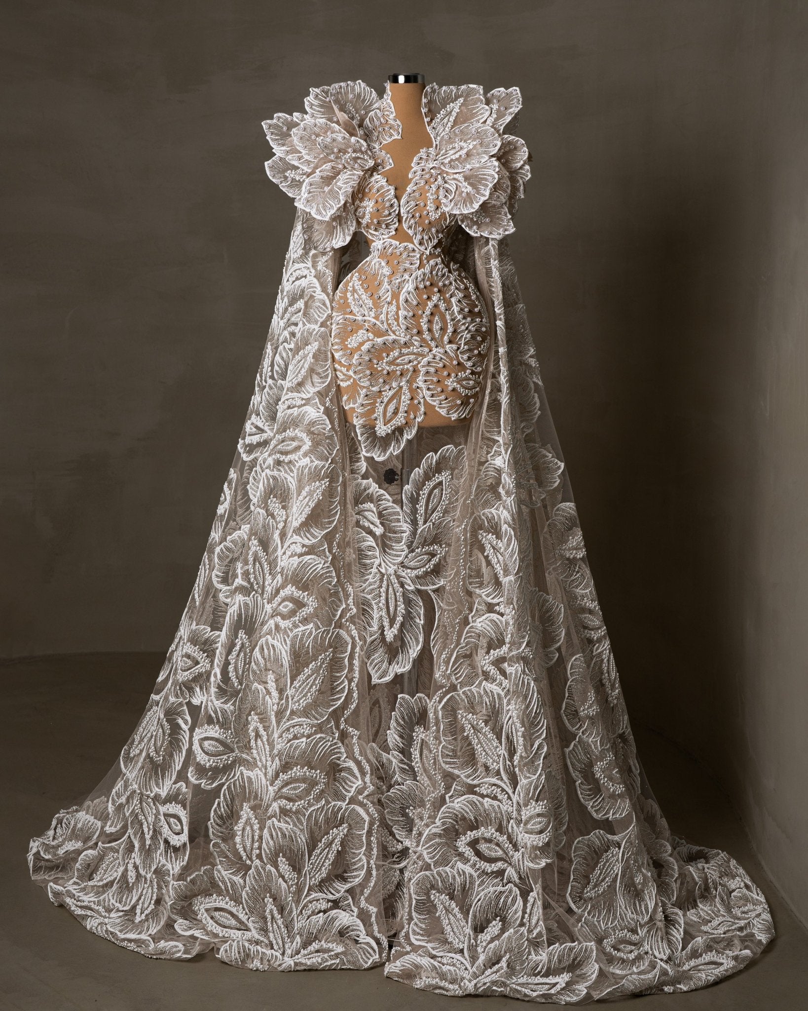 Elegant Long Bridal Gown - Luxurious Lace and Pearls Design