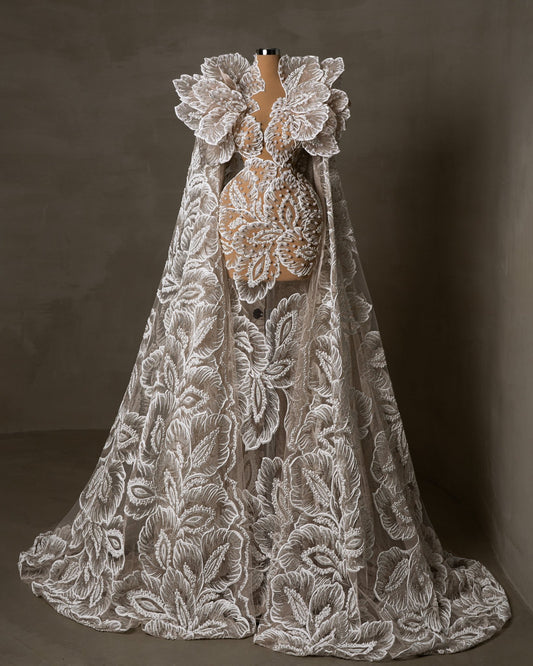 Elegant Long Bridal Gown - Luxurious Lace and Pearls Design