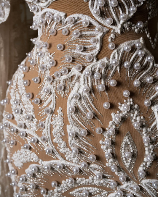 Close-up of Intricate Pearl Embroidery on Bridal Dress