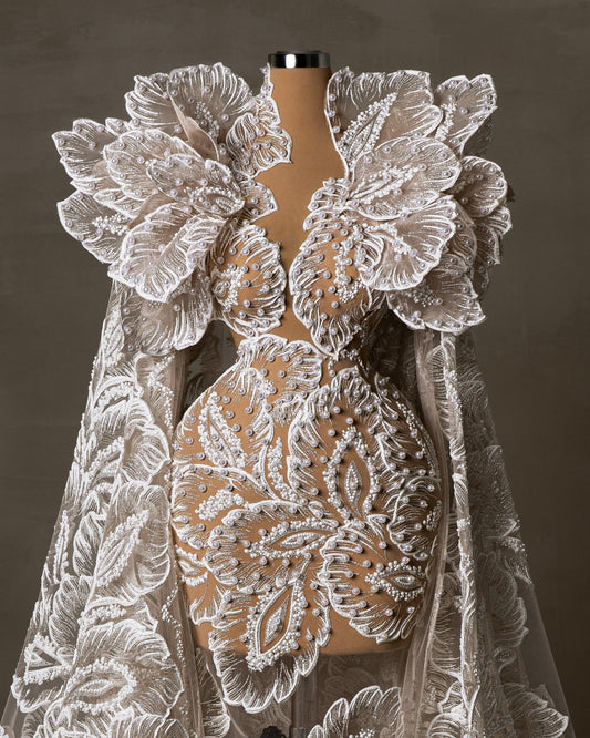 Exquisite Lace Bridal Dress with Pearl Embellishments