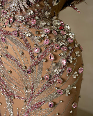 Sparkling Stone Embellishments in Silver and Light Pink on Chic Evening Gown