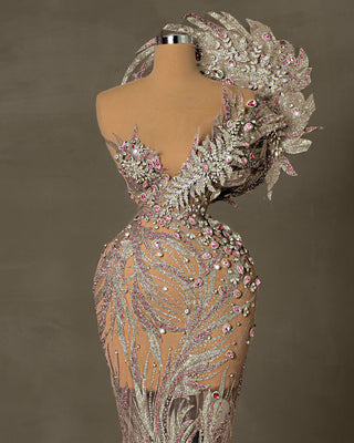 Silver Lace Evening Gown with Light Pink Shimmer