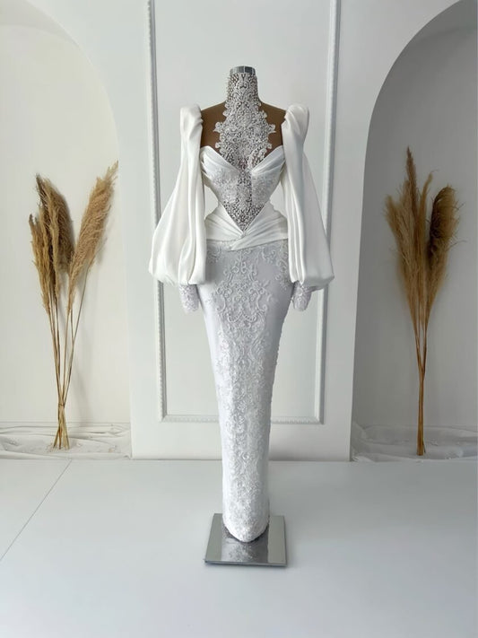 Florice High-Neck Bridal Dress with Puff Sleeves