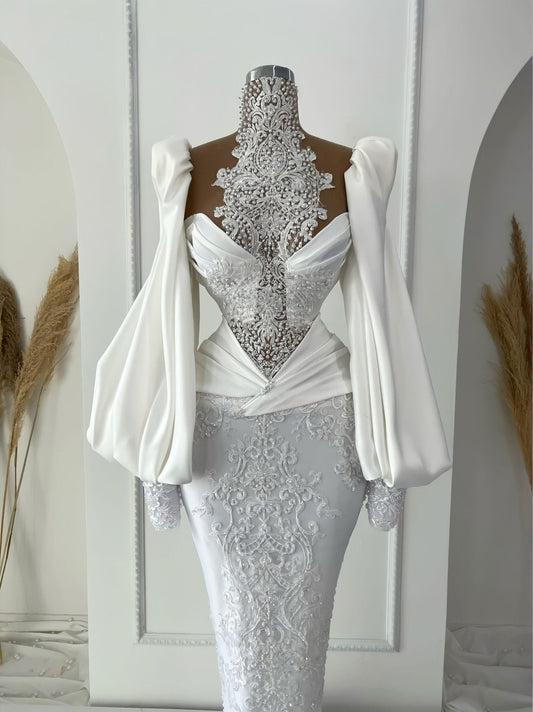 Florice High-Neck Bridal Dress with Puff Sleeves