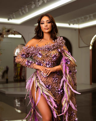 Stunning Feathered Deep Slit Dress - Regal Purple Elegance