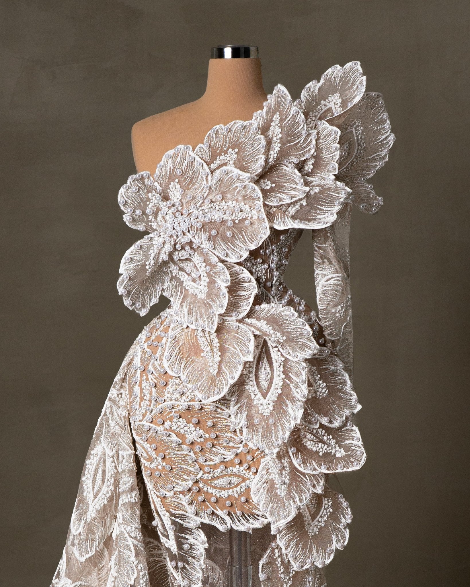 One Shoulder Bridal Dress adorned with pearls