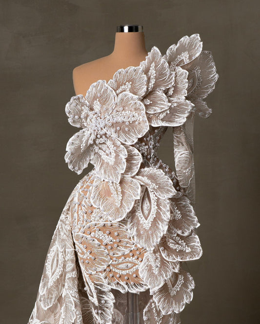 One Shoulder Bridal Dress adorned with pearls
