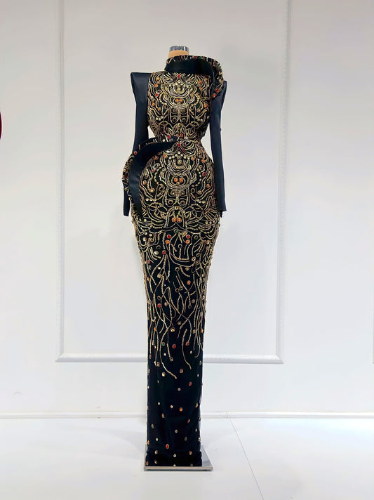 Flowery Stone Embellished Long Sleeve Dress