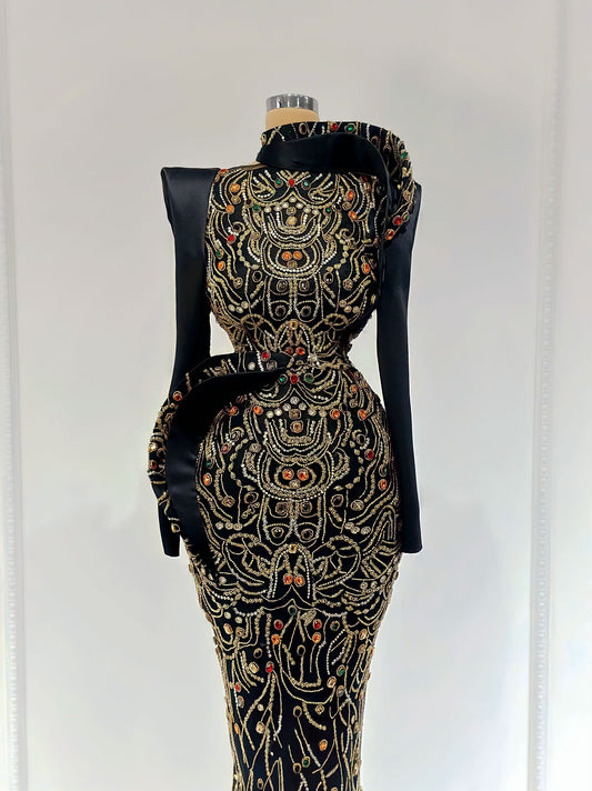 Flowery Stone Embellished Long Sleeve Dress