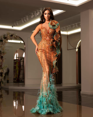 Crystal and Feather Embellished Cut-Out Evening Gown