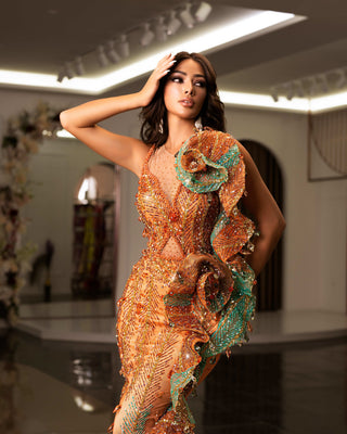 Glamorous Cut-Out Dress with Crystal and Feather Accents