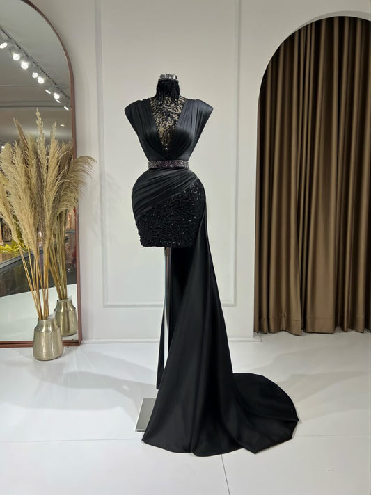 Fressia High Neck Short Dress with Glittering Stone Embellishments