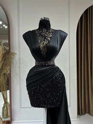 Fressia High Neck Short Dress with Glittering Stone Embellishments