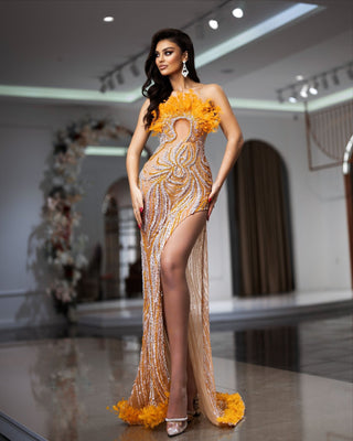 Luxury Lace Sleeveless Gown in Vibrant Orange