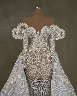 Pearl Embellished Off-Shoulder Bridal Dress with Overskirt