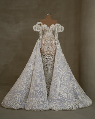 Elegant Pearl Off-Shoulder Wedding Gown and Overskirt