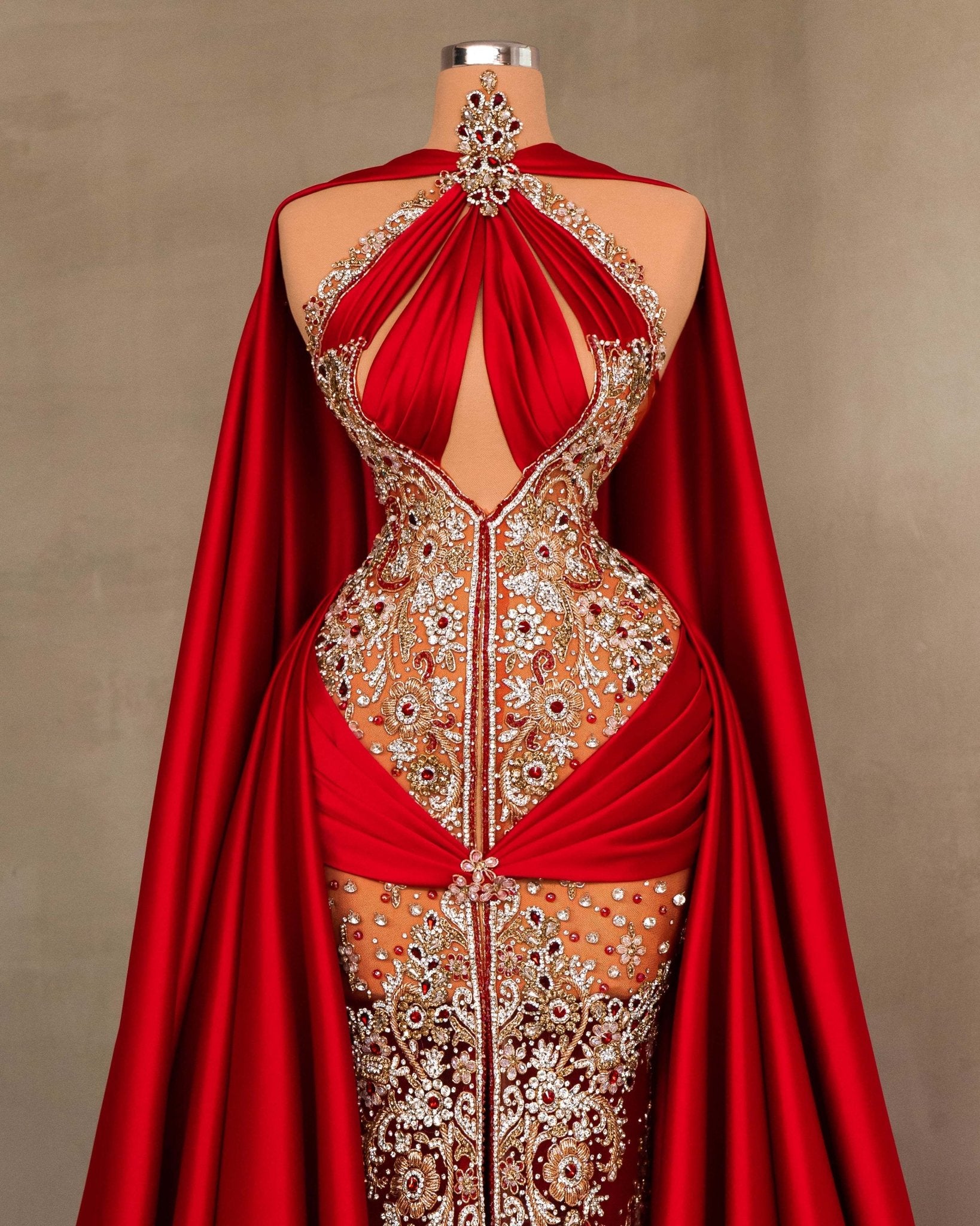 Elegant Red Evening Gown with Sparkling Stones