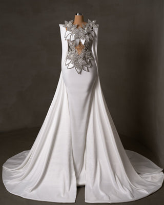 Satin Bridal Gown - Long Sleeve Wedding Dress with Exquisite Stone and Pearl Details