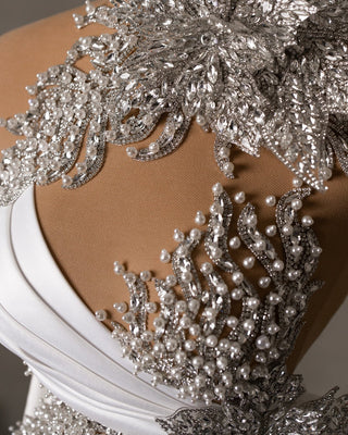 Exquisite Crystal and Pearl Bodice Detailing on Bridal Dress - Elegant Wedding Gown Feature