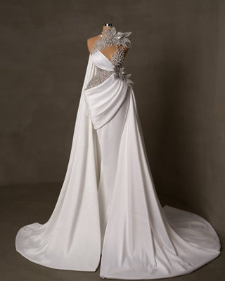 Satin Bridal Dress Adorned with Crystals and Pearls - Classic Sleeveless Wedding Attire