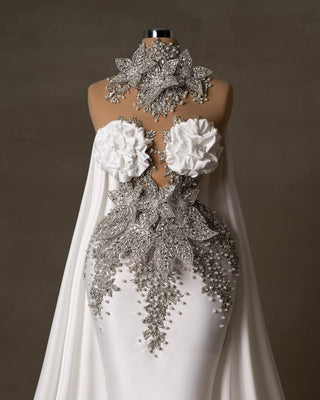 Elegant White Satin Bridal Dress with Crystal Embellishments - Timeless Wedding Gown