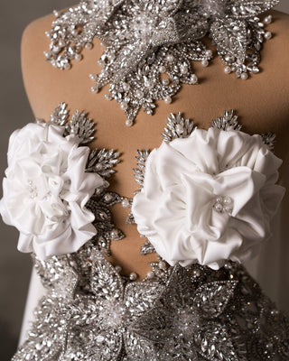Intricate Crystal and Pearl Embellishments on Bridal Dress Bodice - Luxurious Wedding Attire