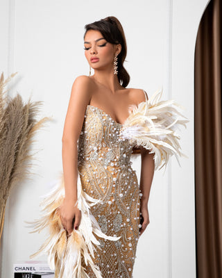 Gabrielle Sleeveless Dress with Feather and Pearls Embellishments