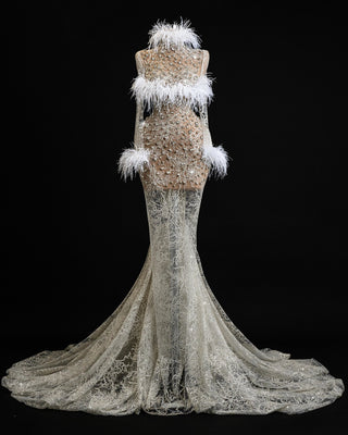 Galatea High-Neck Bridal Dress with Feather and Crystal Embellishments