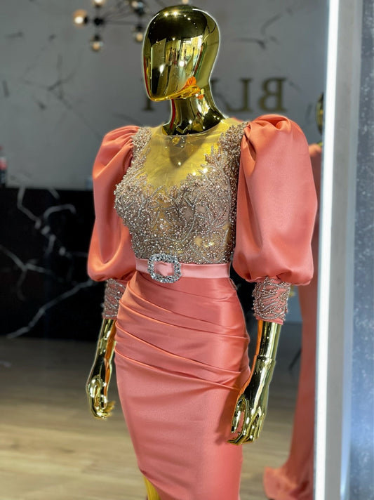 Gara Stylish Satin Gown with Puff Sleeves