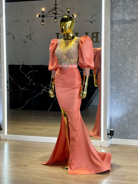 Gara Stylish Satin Gown with Puff Sleeves